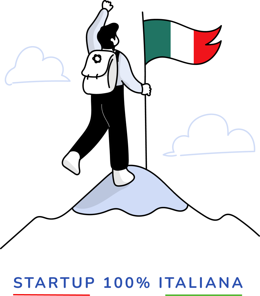 scalatore in cima ad una montagna con bandiera italiana e dicitura cento per cento startup italiana